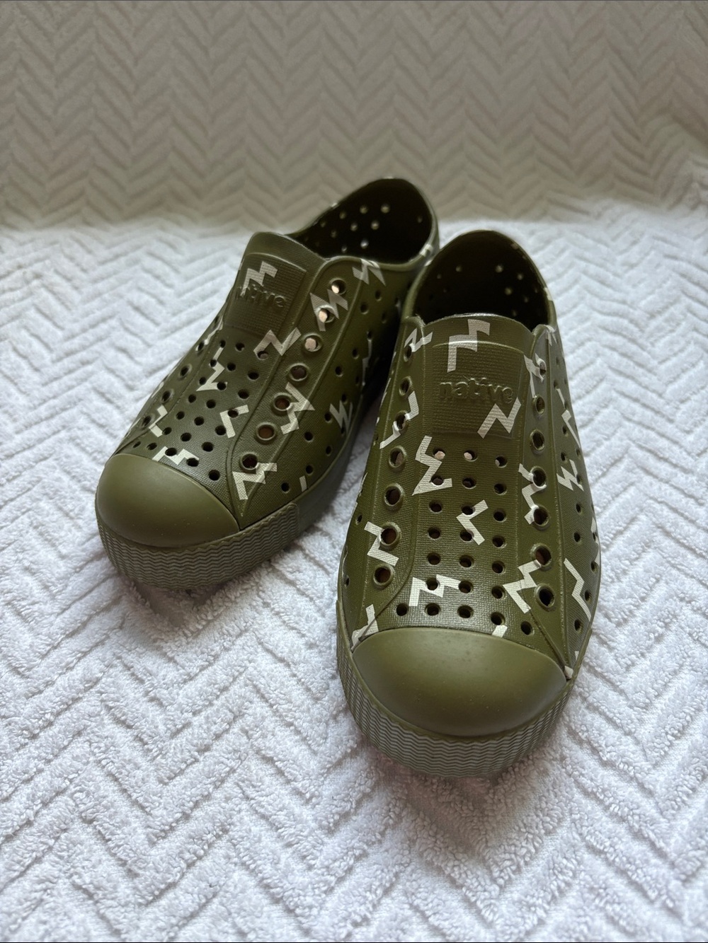 Native Olive Green Slip-On Clogs with White Graphic Accents
